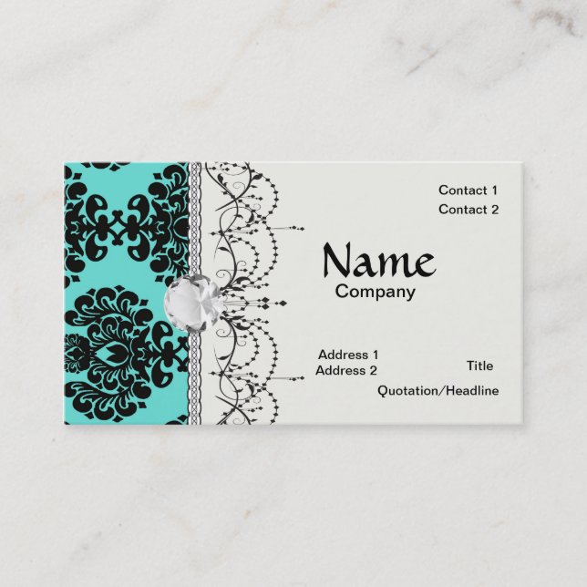 black damask elegance on aqua blue business card (Front)