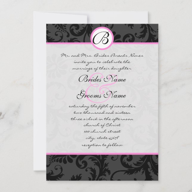 Black Damask Éperles Rose Trim Mariage Invitations (Devant)