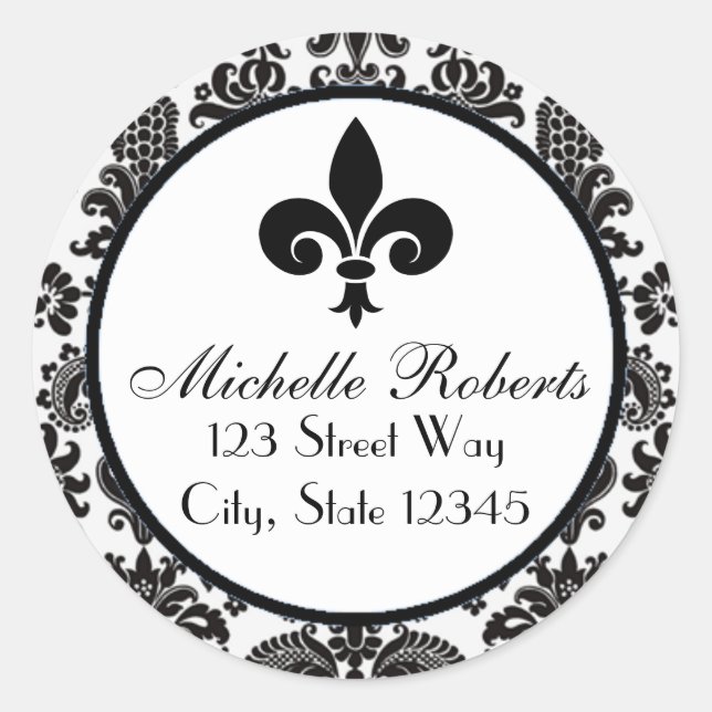 Black Damask Fleur De Lys Address Label (Front)