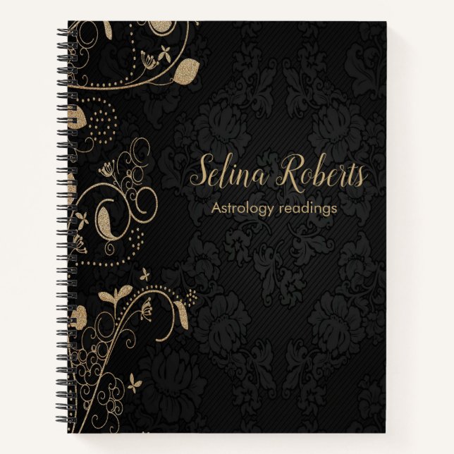 Black damask floral gold glitter notebook (Front)