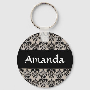 Black Damask Floral Personalized Name Key Chain