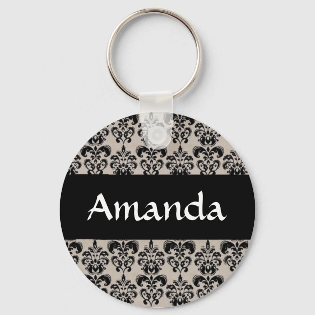 Black Damask Floral Personalized Name Key Chain (Front)