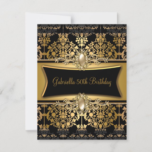 Black Damask Gold 50th Birthday Party Pearl Invitation (Front)