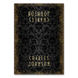 Black Damask & Gold Confetti Glitter - Place Cards