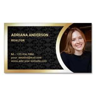 Black Damask Gold Foil Real Estate Photo Realtor Magnetic Business Card