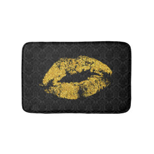Black Damask & Gold Lips Bath Mat