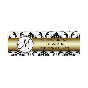 Black Damask Gold Monogram Return Address