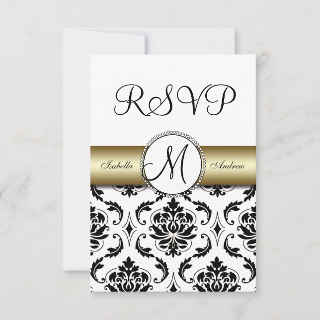 Black Damask Gold Wedding RSVP (Front)