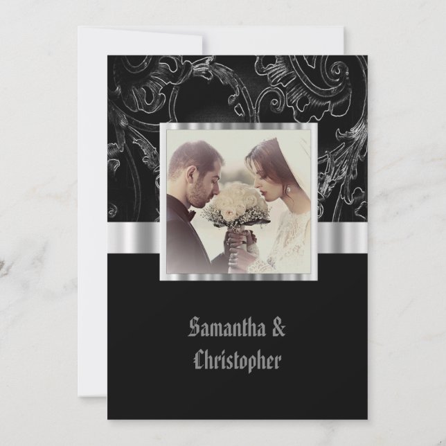 Black damask gothic wedding photo invitation (Back)