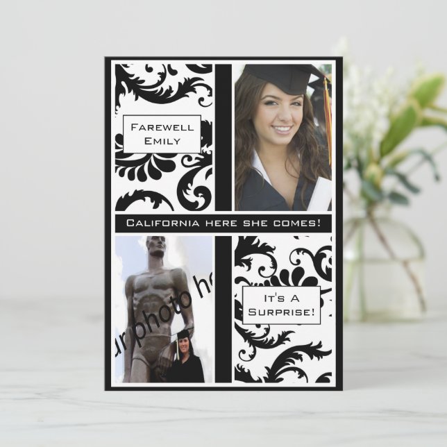 Black Damask Graduation Adieu Invitation (Debout devant)