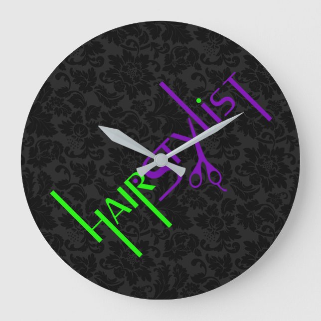 Black Damask Green And Purple Text Large Clock (Front)