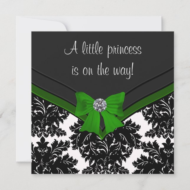 Black Damask Green Bow Princess Baby Shower Invitation (Front)