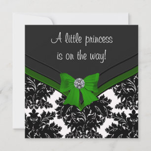 Black Damask Green Bow Princess Baby Shower Invitation