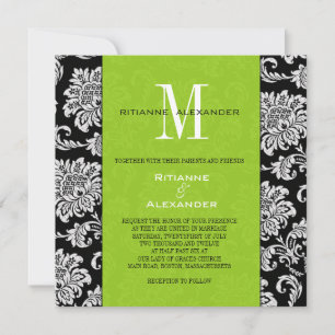 Black Damask Green Monogram Wedding Invitation
