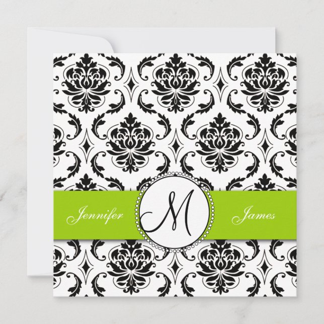Black Damask Green Wedding Invitation (Front)