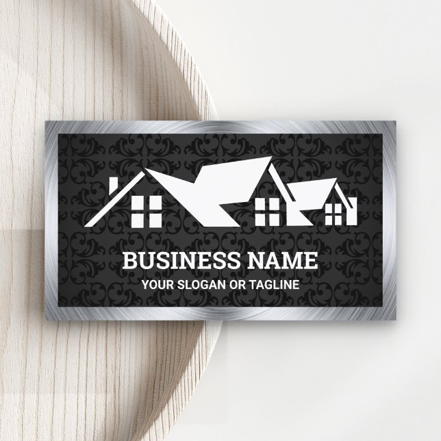 Black Damask House Roofing Construction Roofer Business Card (Creator Uploaded)