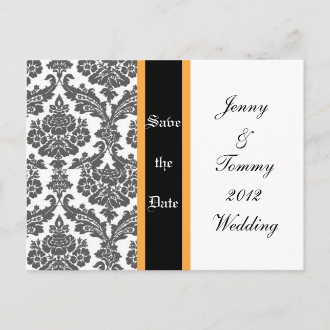 black damask invitation,save the date announcement postcard (Front)