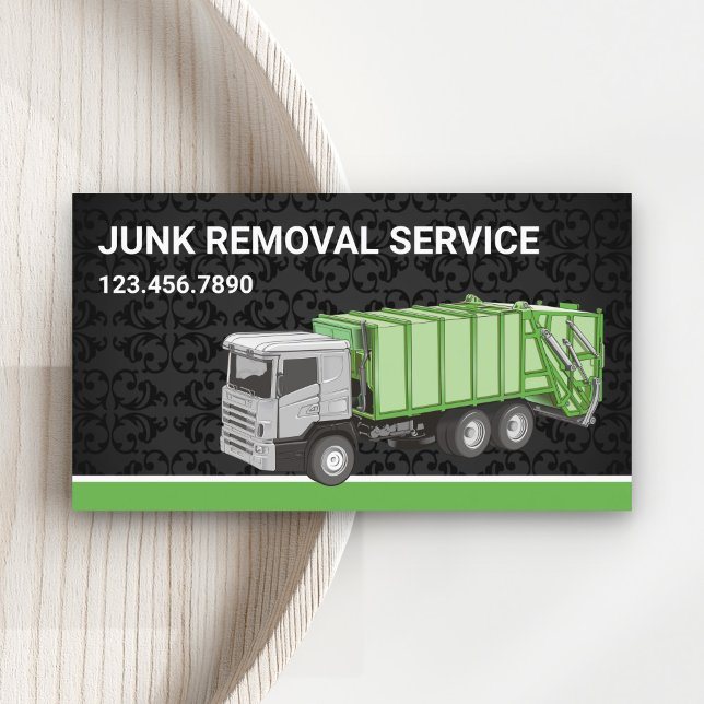 Black Damask Junk Removal Service Garbage Truck Business Card (Creator Uploaded)