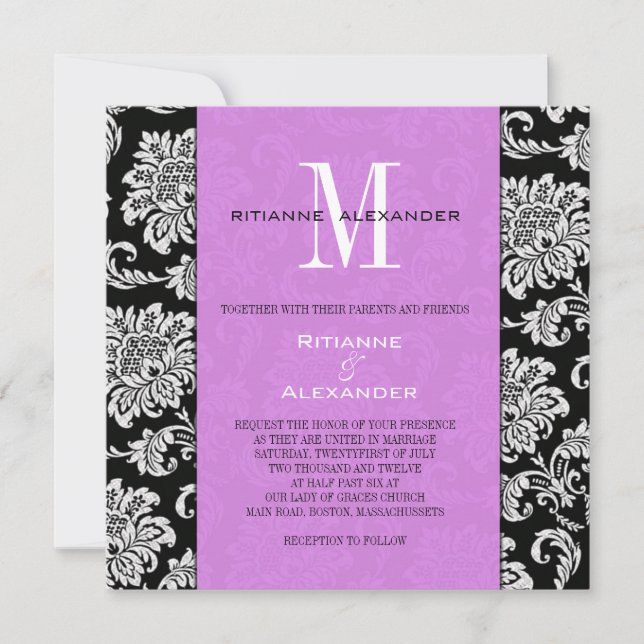 Black Damask Light Purple Monogramme Invitation (Devant)