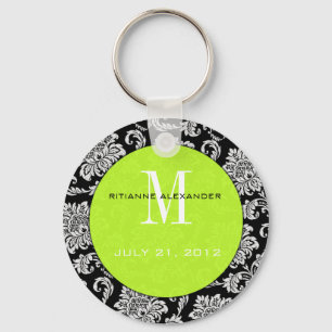 Black Damask Lime Monogram Wedding Keychain