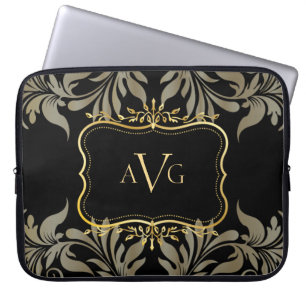 Black Damask luxury with vintage gold frame Laptop Sleeve