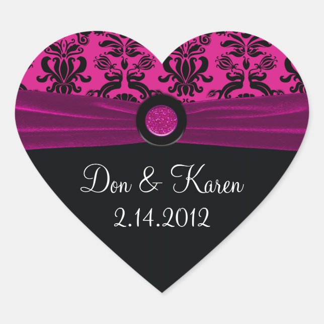 Black Damask, Magenta Heart Sticker (Front)