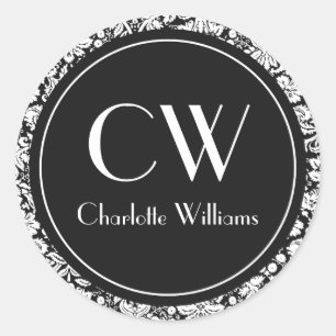 Black Damask Monogram Classic Round Sticker