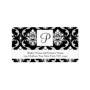 Black Damask Monogram P Wedding Address Labels