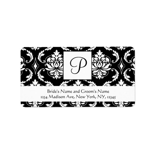 Black Damask Monogram P Wedding Address Labels (Front)