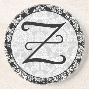 Black Damask Monogram Personalized Coaster