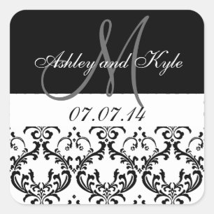Black Damask Monogram Save the Date Stickers