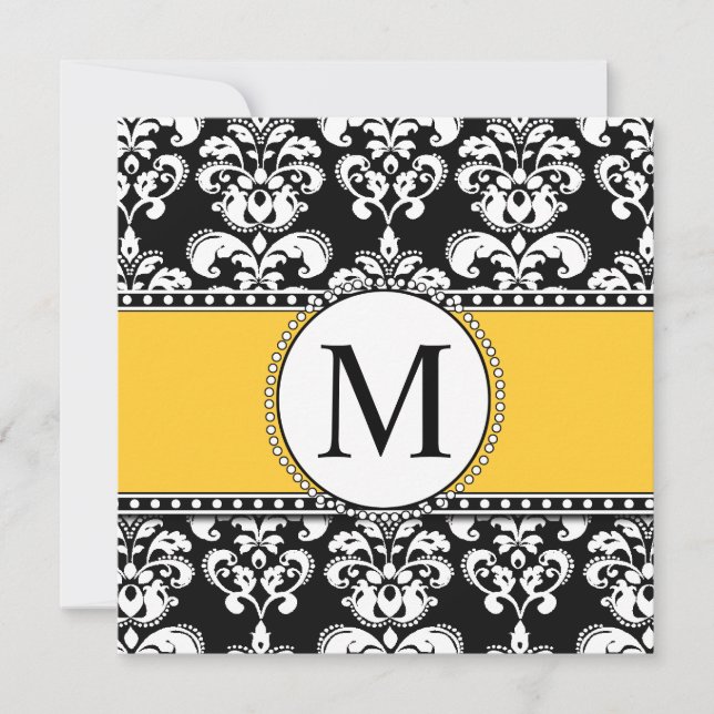 Black Damask Monogram Wedding Invitations Yellow (Front)