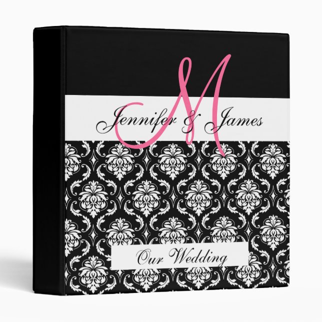 Black Damask Monogram Wedding Planner Binder (Front/Spine)