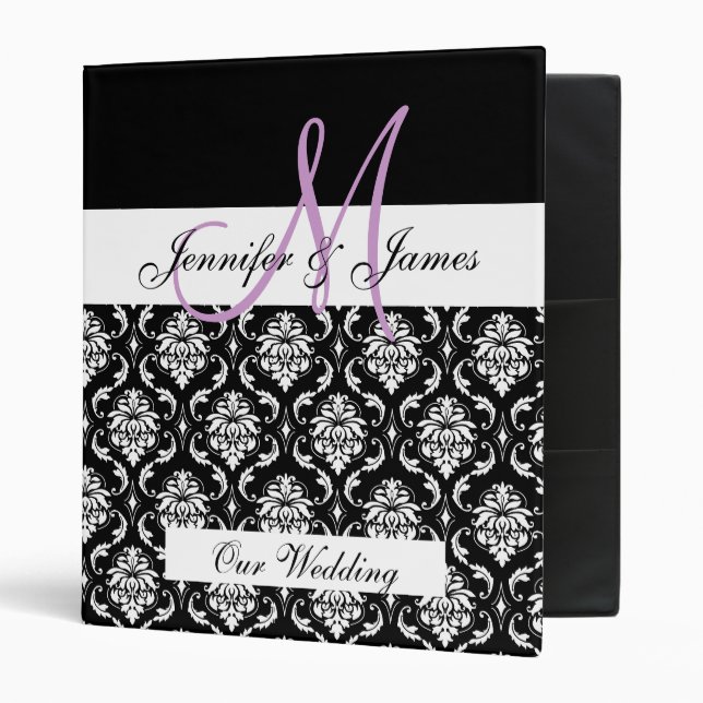 Black Damask Monogram Wedding Planner Binder (Front/Inside)