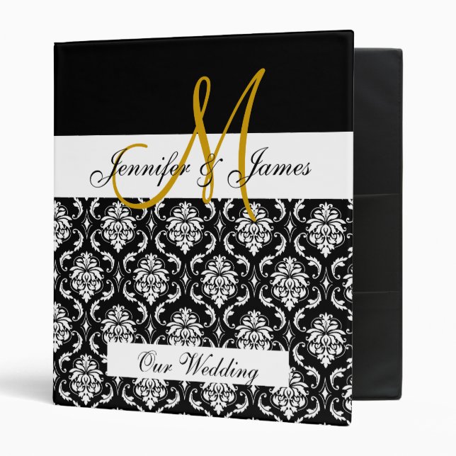 Black Damask Monogram Wedding Planner Binder (Front/Inside)