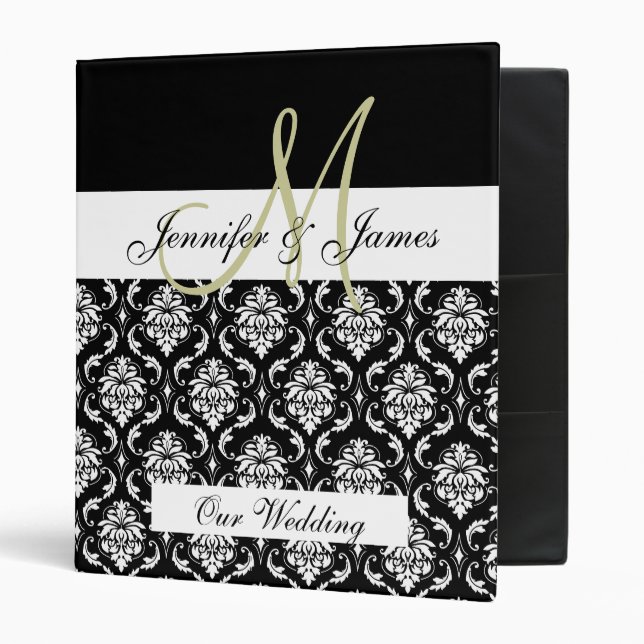 Black Damask Monogram Wedding Planner Binder (Front/Inside)