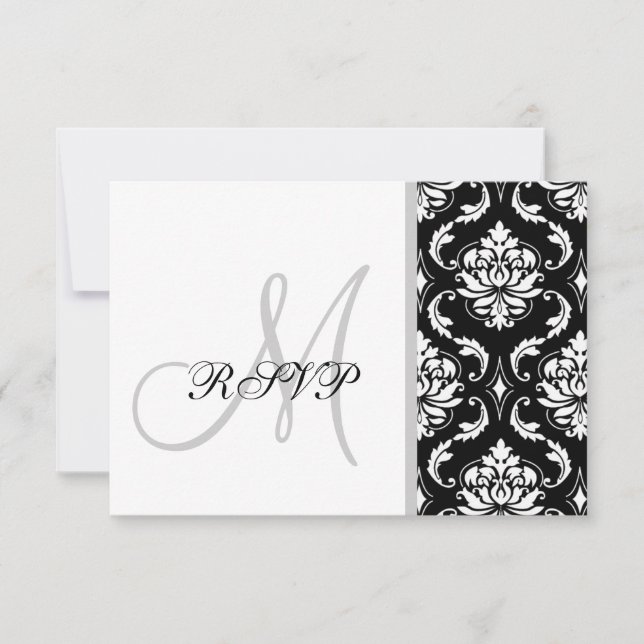 Black Damask Monogram Wedding RSVP (Front)