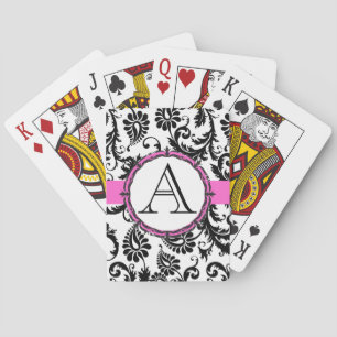 Black Damask Monogramed Pink Wedding Playing Card