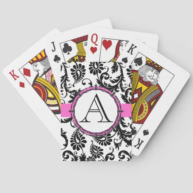 Black Damask Monogramed Pink Wedding Playing Card (Back)