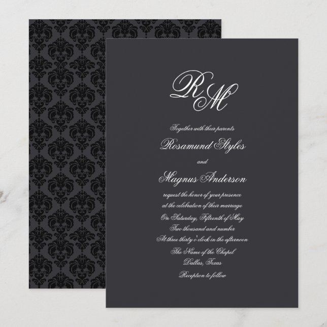 Black Damask | Monogrammed Wedding Invitation (Front/Back)