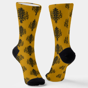 Black damask on mustard yellow pattern socks