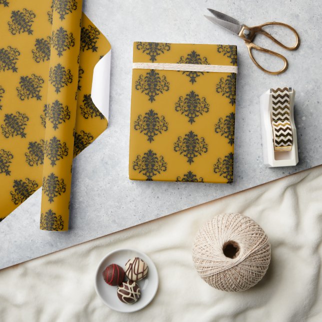 Black damask on mustard yellow pattern wrapping paper (Crafts)