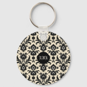 Black Damask on Sepia Keychain