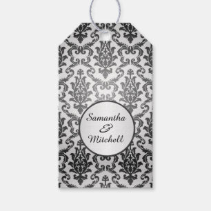 Black damask on silver grey Wedding Thank You Gift Tags