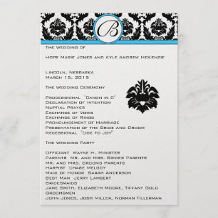 Black Damask On White Aqua Trim Wedding Program