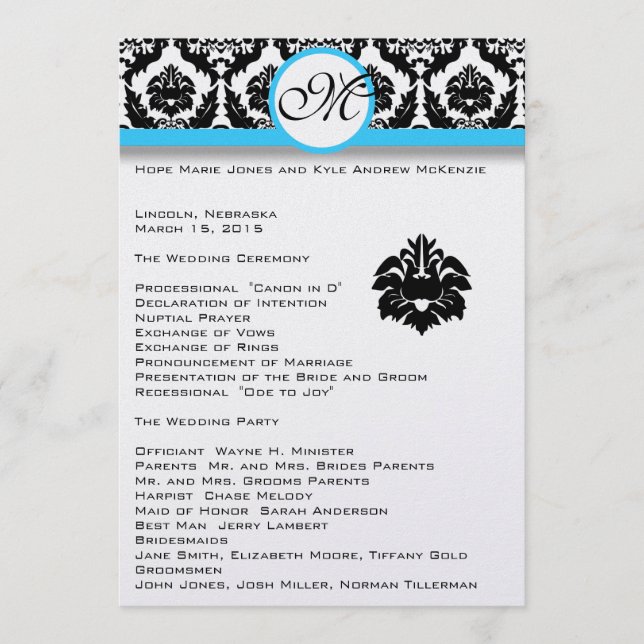 Black Damask On White Aqua Trim Wedding Program (Front)