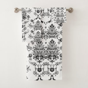 Black Damask on White Bath Towel Set