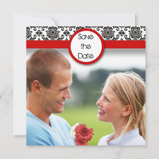 Black Damask On White Red Trim Save The Date (Front)