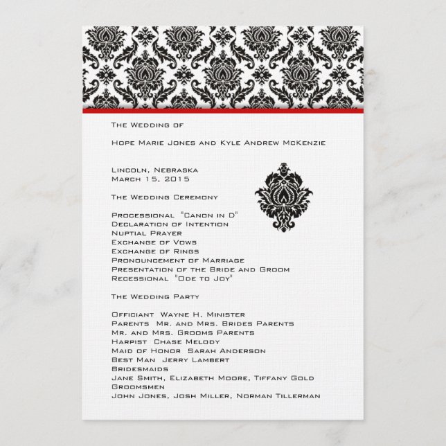 Black Damask On White  Red Trim Wedding Program (Back)