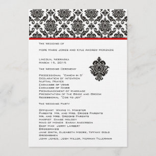 Black Damask On White Red Trim Wedding Program